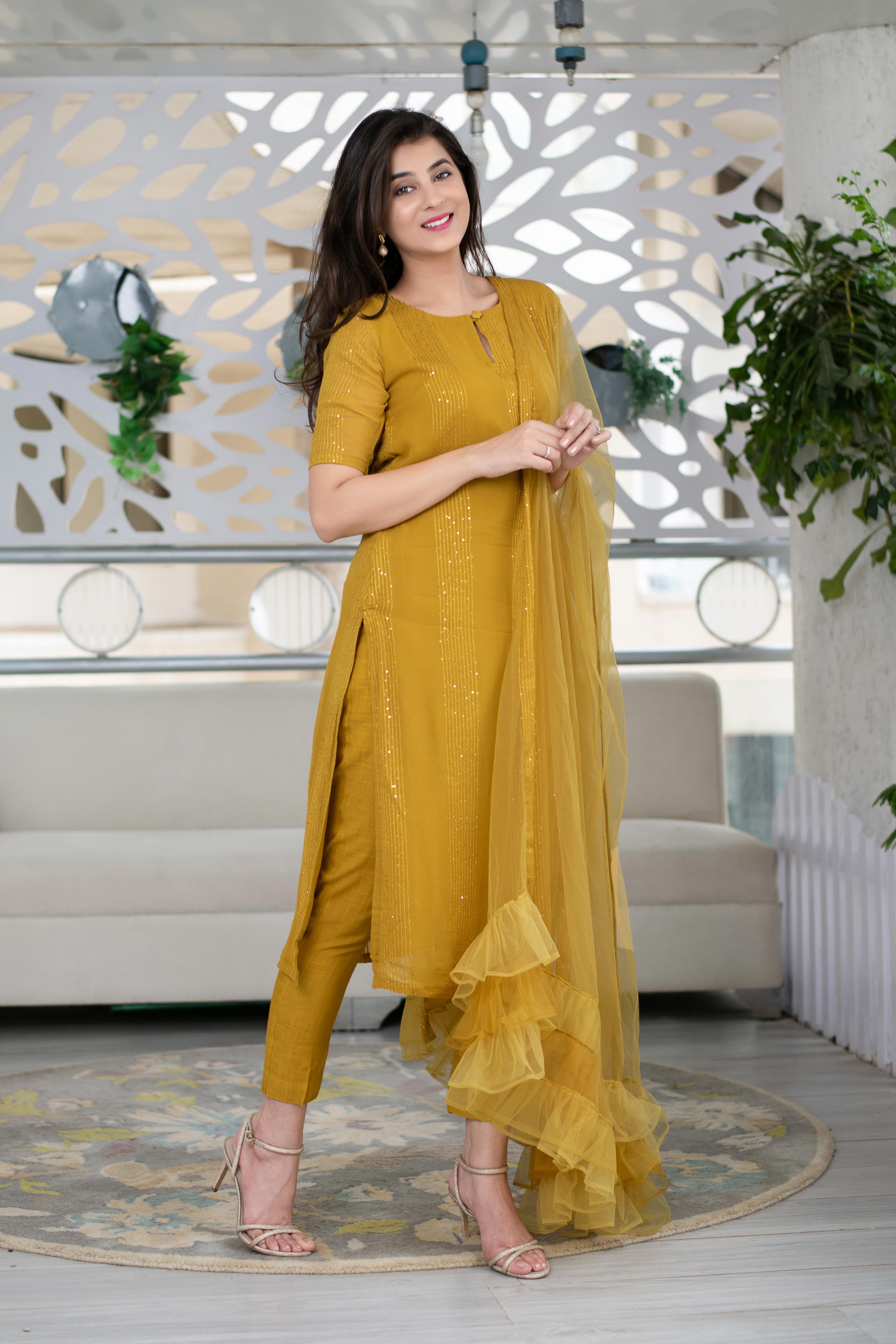 Women's Mustard Sequin Kurta With Ruffle Dupatta (3-Piece Set)