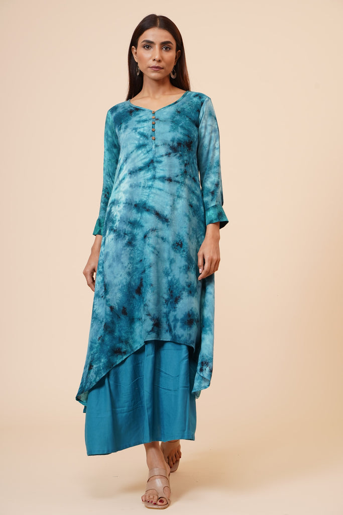 Women's Indian Tie N Dye Kurti With Wooden Button Placket And Cuff