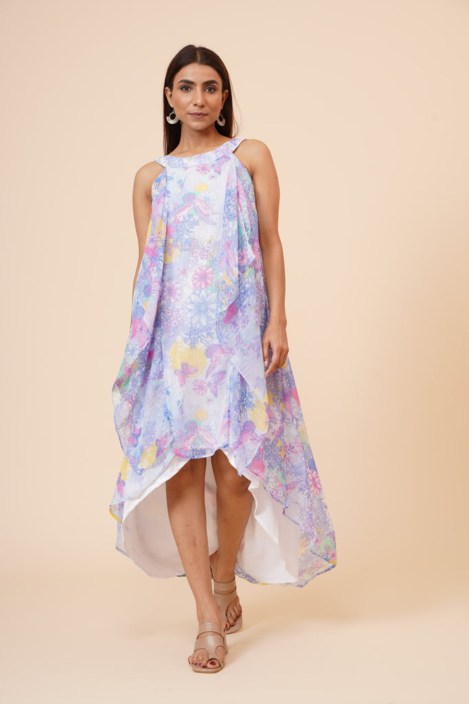 Women's Halter Neck Ruffle Drape Floral Printed Georgette  Dress In Multicolor