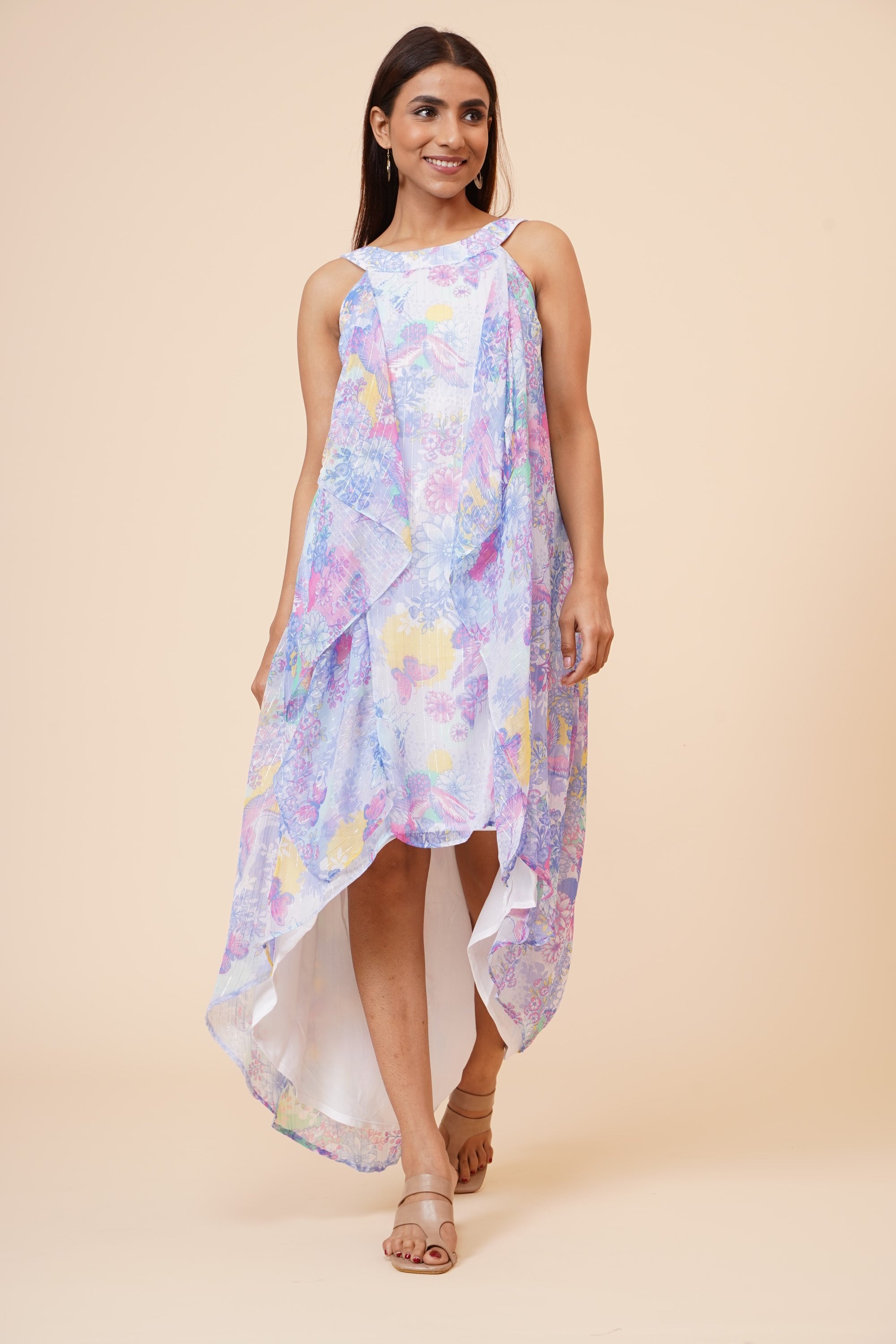 Women's Halter Neck Ruffle Drape Floral Printed Georgette  Dress In Multicolor - MIRACOLOS by Ruchi