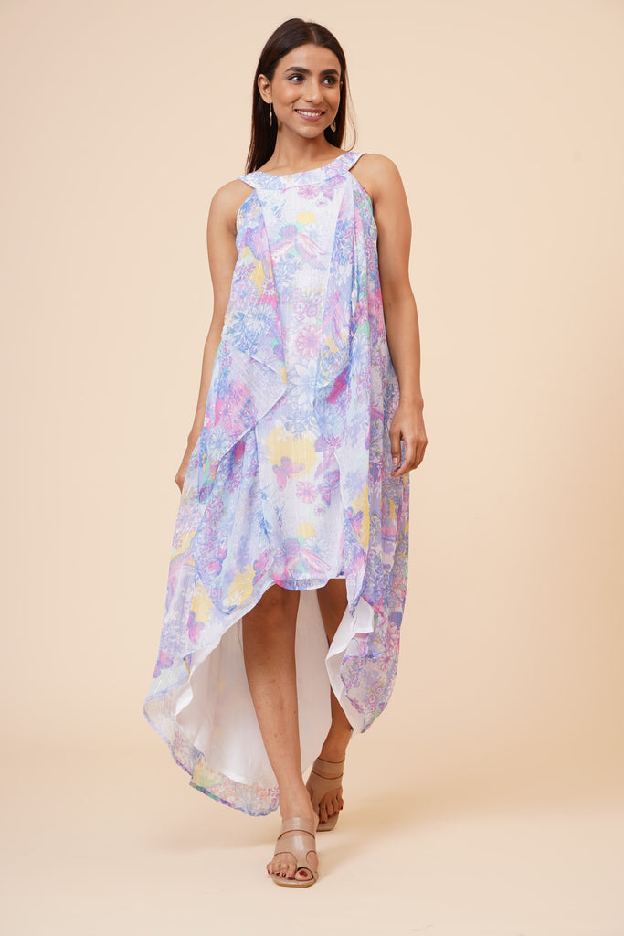 Women's Halter Neck Ruffle Drape Floral Printed Georgette  Dress In Multicolor