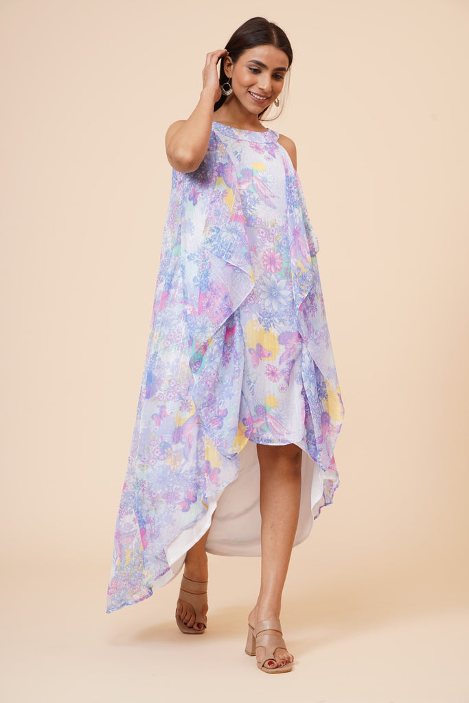 Women's Halter Neck Ruffle Drape Floral Printed Georgette  Dress In Multicolor