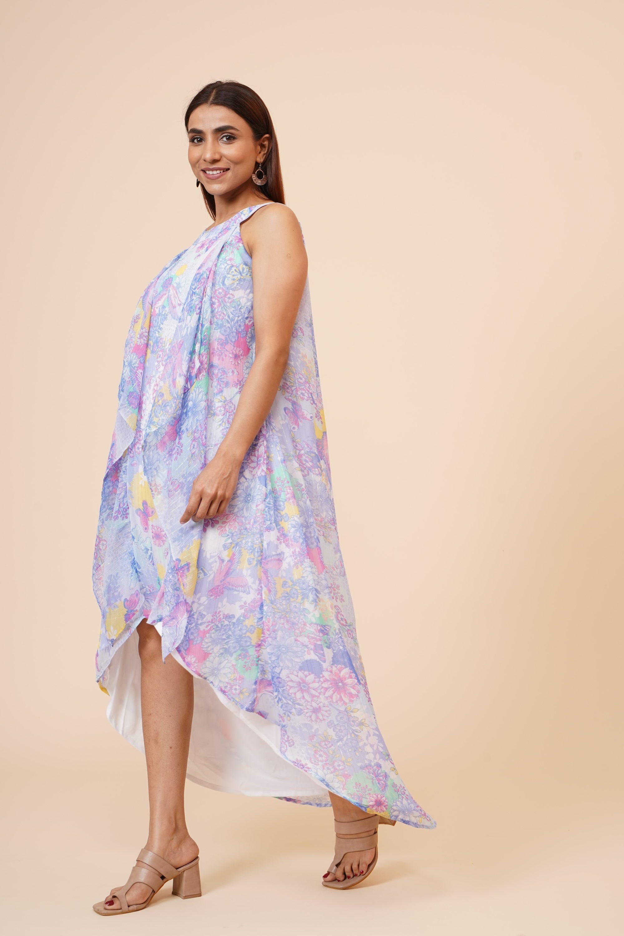 Women's Halter Neck Ruffle Drape Floral Printed Georgette  Dress In Multicolor - MIRACOLOS by Ruchi