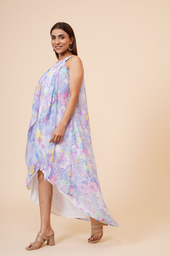 Women's Halter Neck Ruffle Drape Floral Printed Georgette  Dress In Multicolor