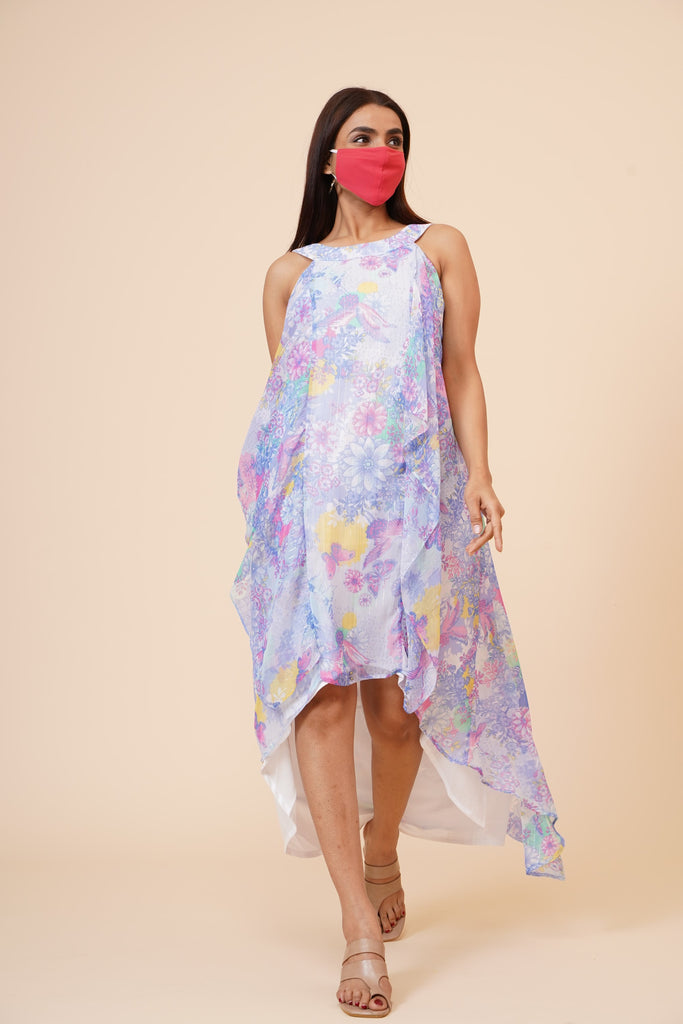 Women's Halter Neck Ruffle Drape Floral Printed Georgette  Dress In Multicolor