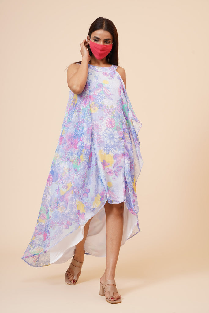 Women's Halter Neck Ruffle Drape Floral Printed Georgette  Dress In Multicolor