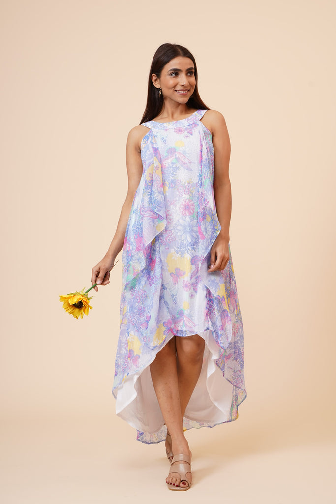 Women's Halter Neck Ruffle Drape Floral Printed Georgette  Dress In Multicolor