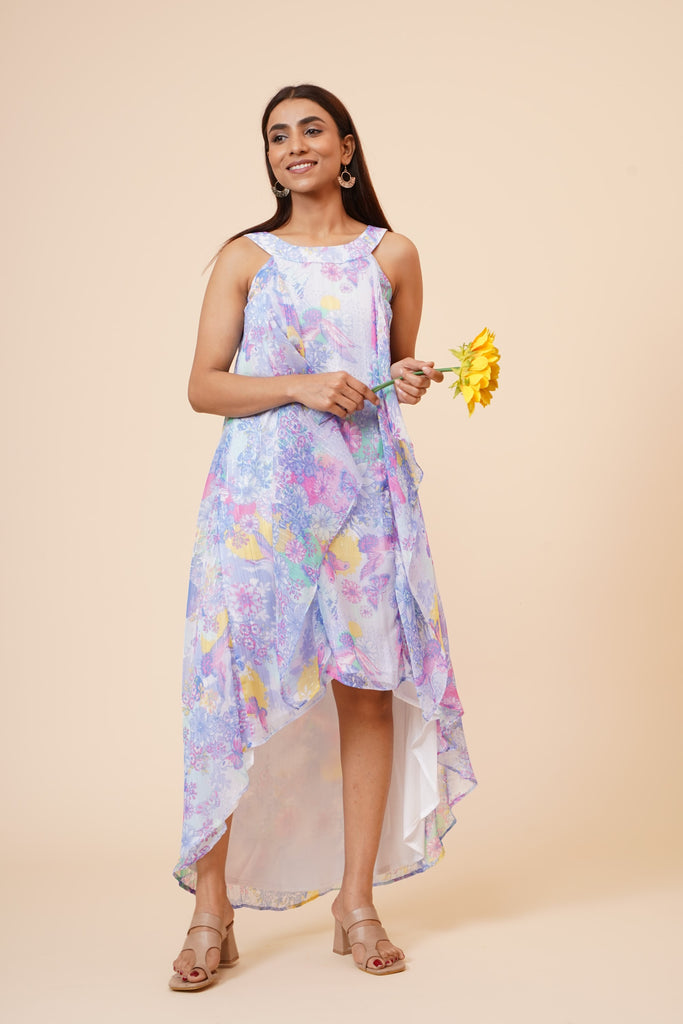 Women's Halter Neck Ruffle Drape Floral Printed Georgette  Dress In Multicolor