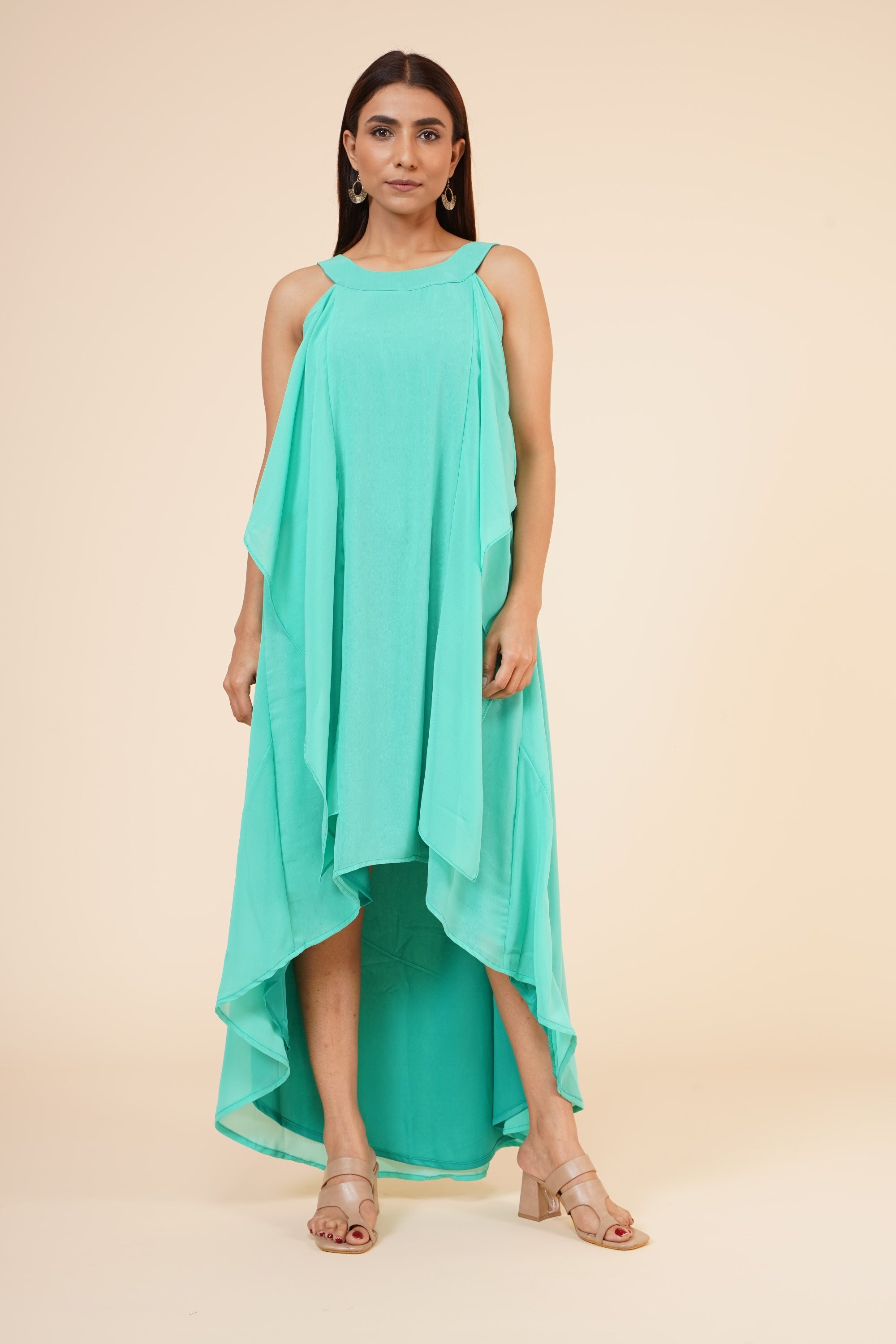 Women's Halter Neck Ruffle Drape Georgette  Dress In Spring Green - MIRACOLOS by Ruchi
