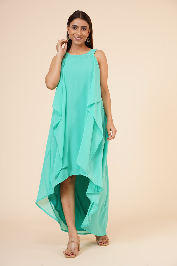 Women's Halter Neck Ruffle Drape Georgette  Dress In Spring Green