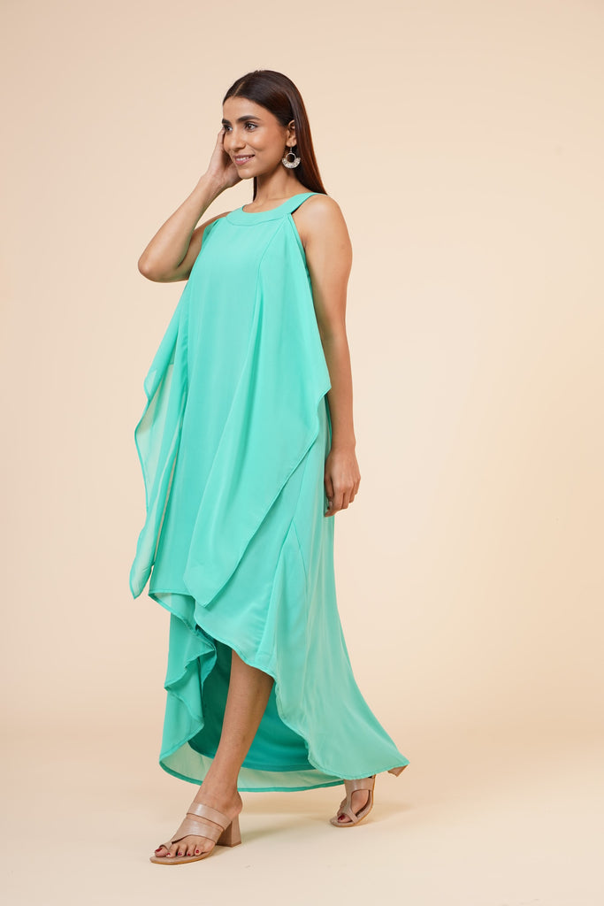 Women's Halter Neck Ruffle Drape Georgette  Dress In Spring Green