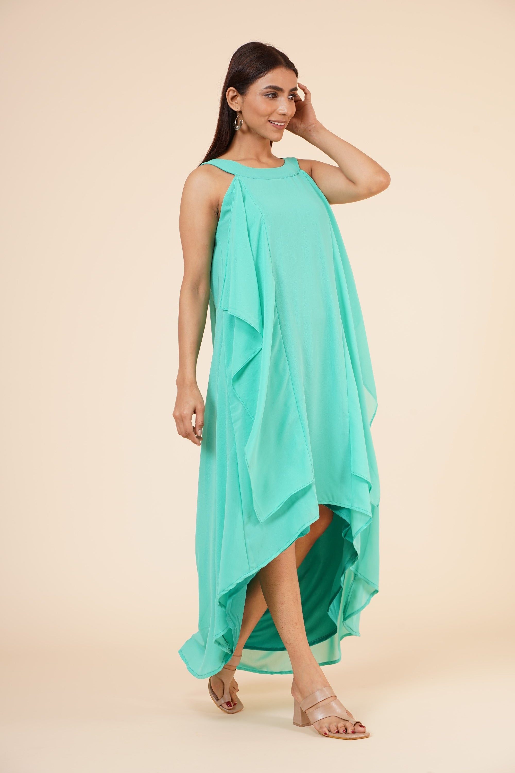 Women's Halter Neck Ruffle Drape Georgette  Dress In Spring Green - MIRACOLOS by Ruchi