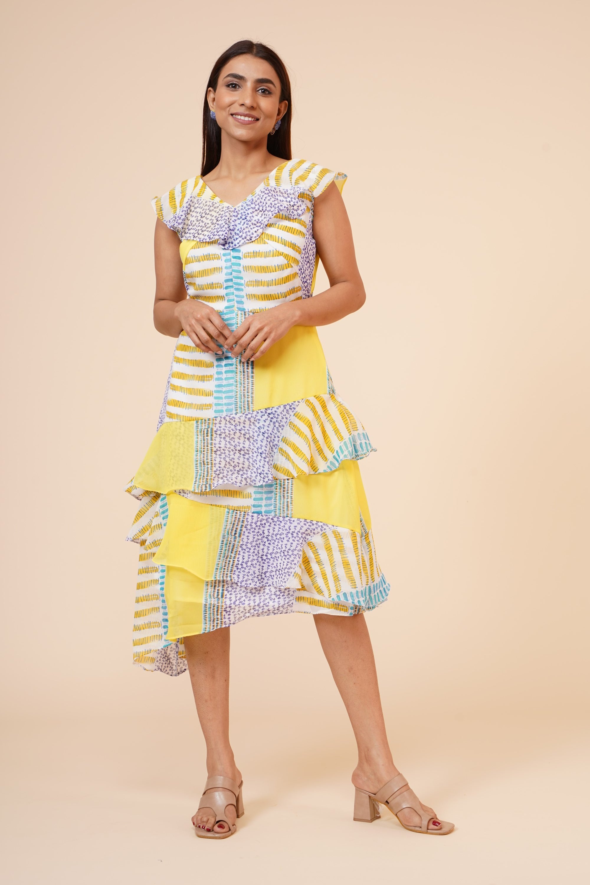 Women's Lemon Printed Georgette  Ruffle   Dress