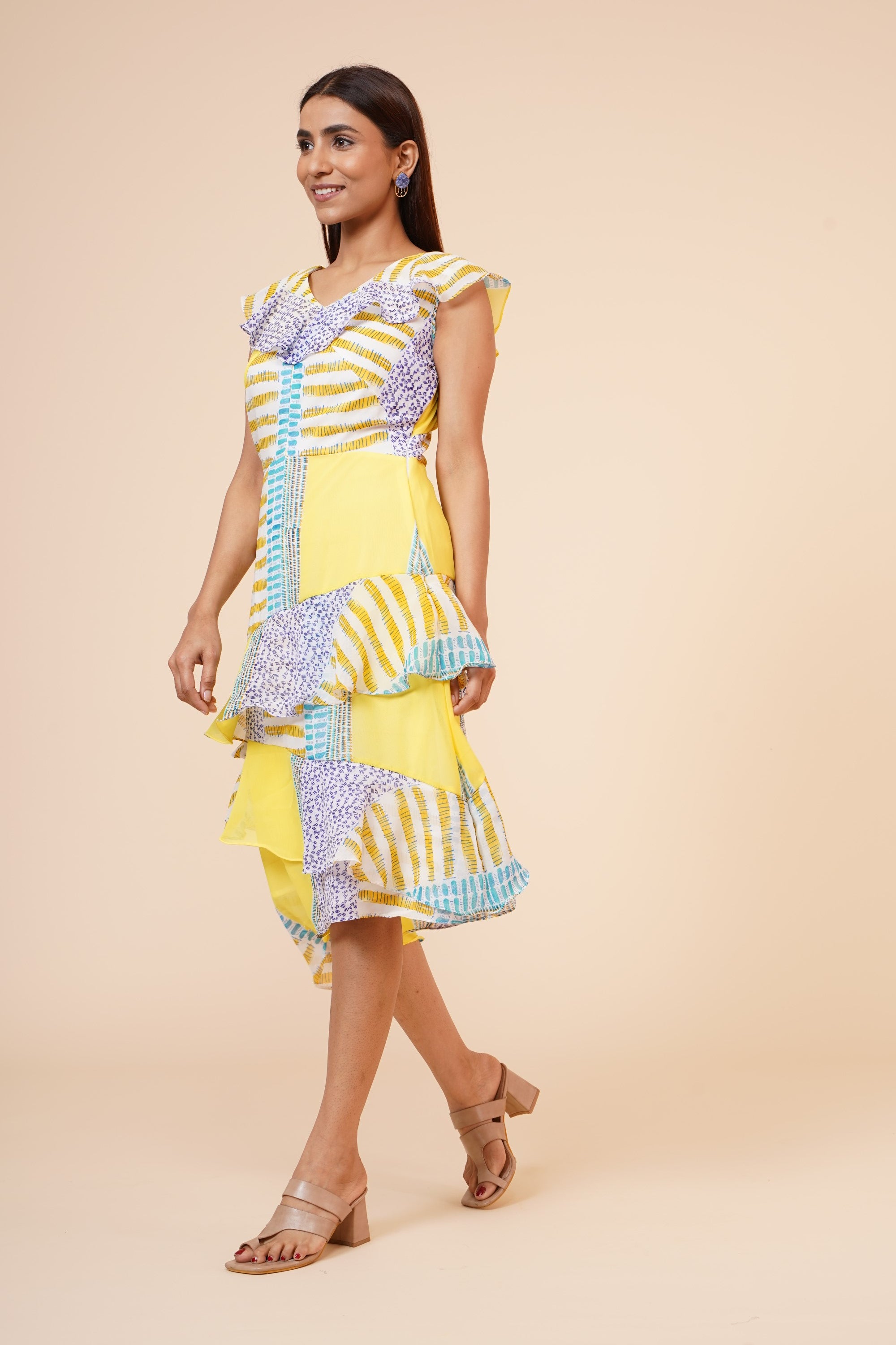 Women's Lemon Printed Georgette  Ruffle   Dress