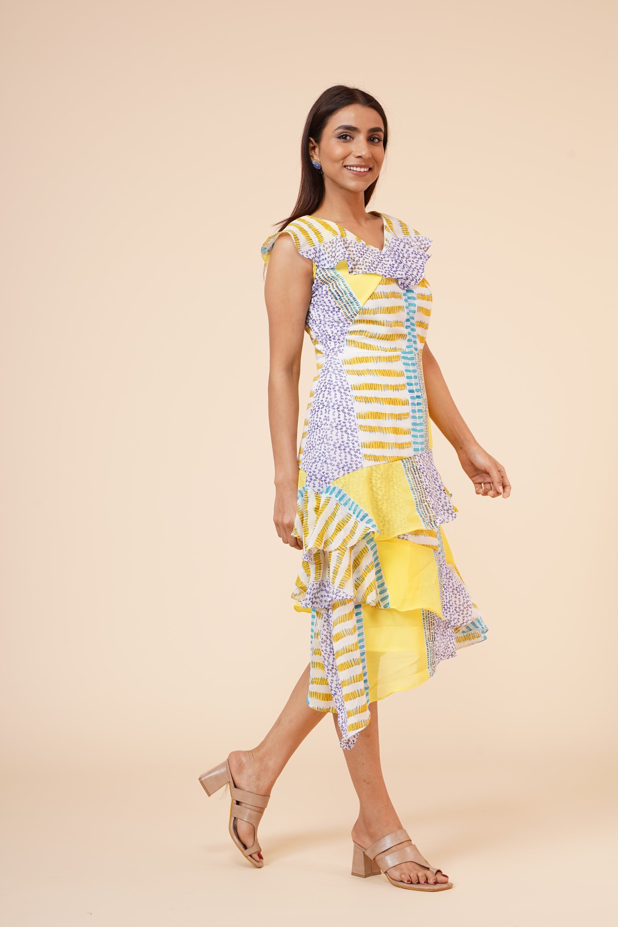 Women's Lemon Printed Georgette  Ruffle   Dress - MIRACOLOS by Ruchi