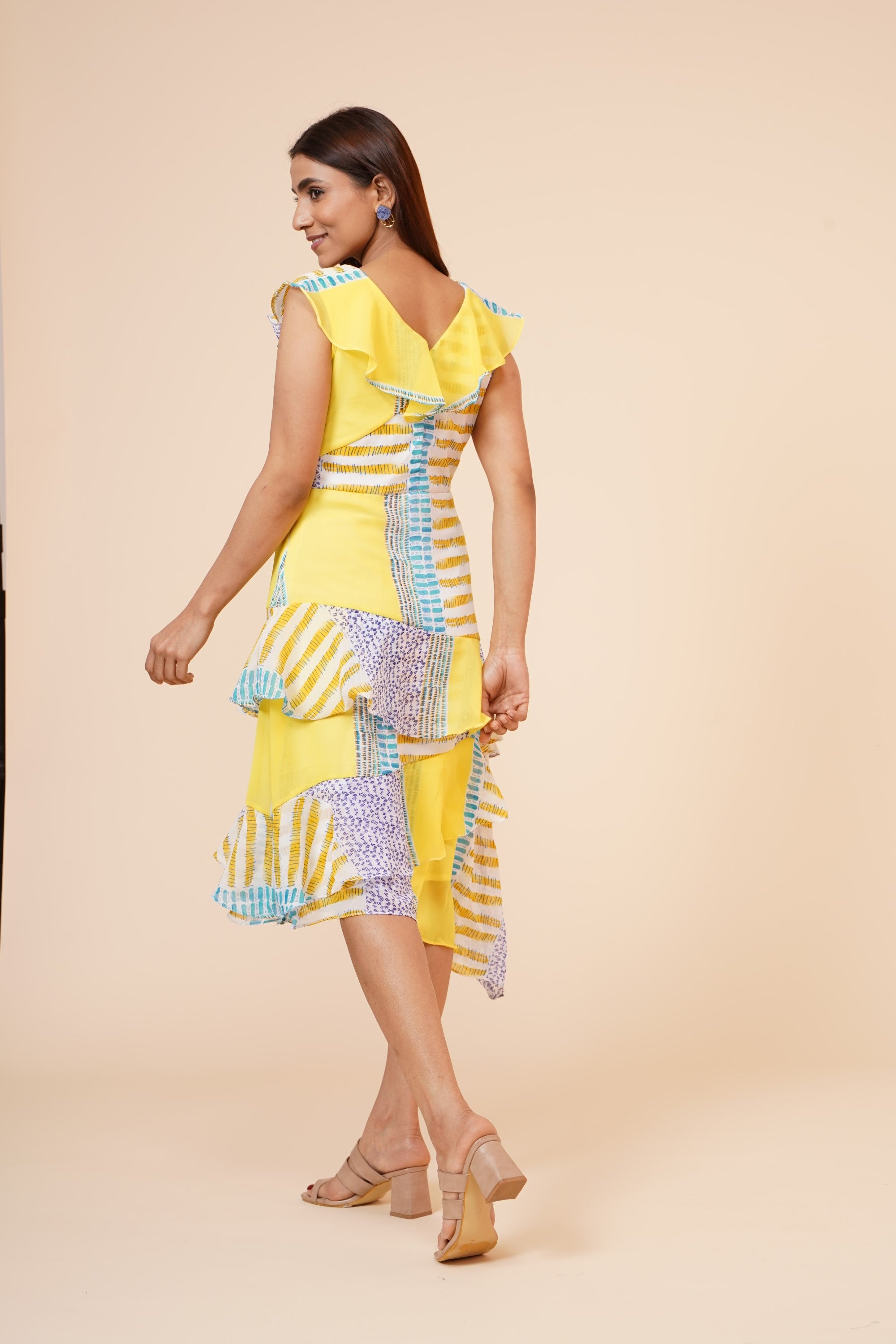 Women's Lemon Printed Georgette  Ruffle   Dress - MIRACOLOS by Ruchi