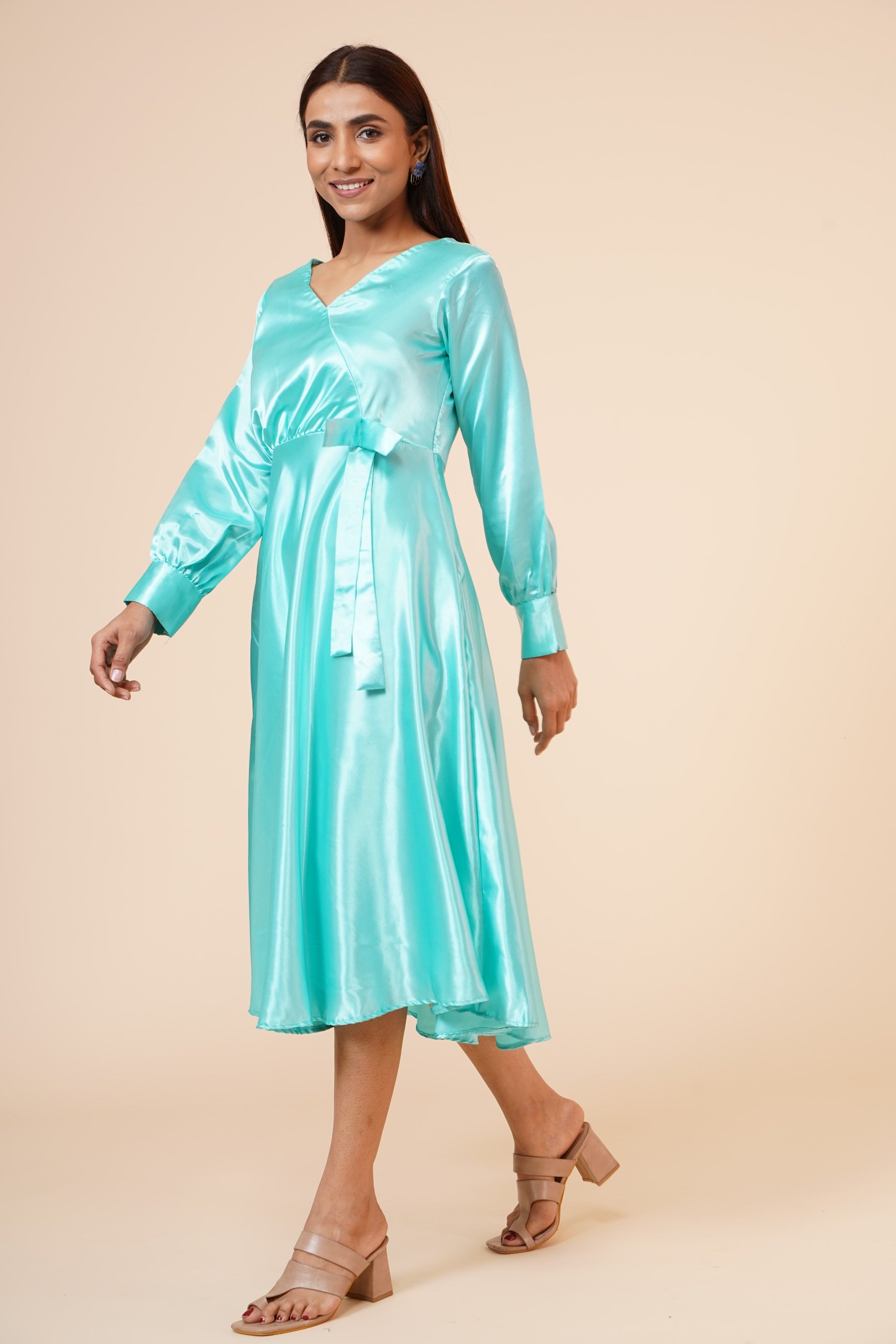 Women's Empire Line With Cuff Satin Wrap Dress Sky Blue - MIRACOLOS by Ruchi