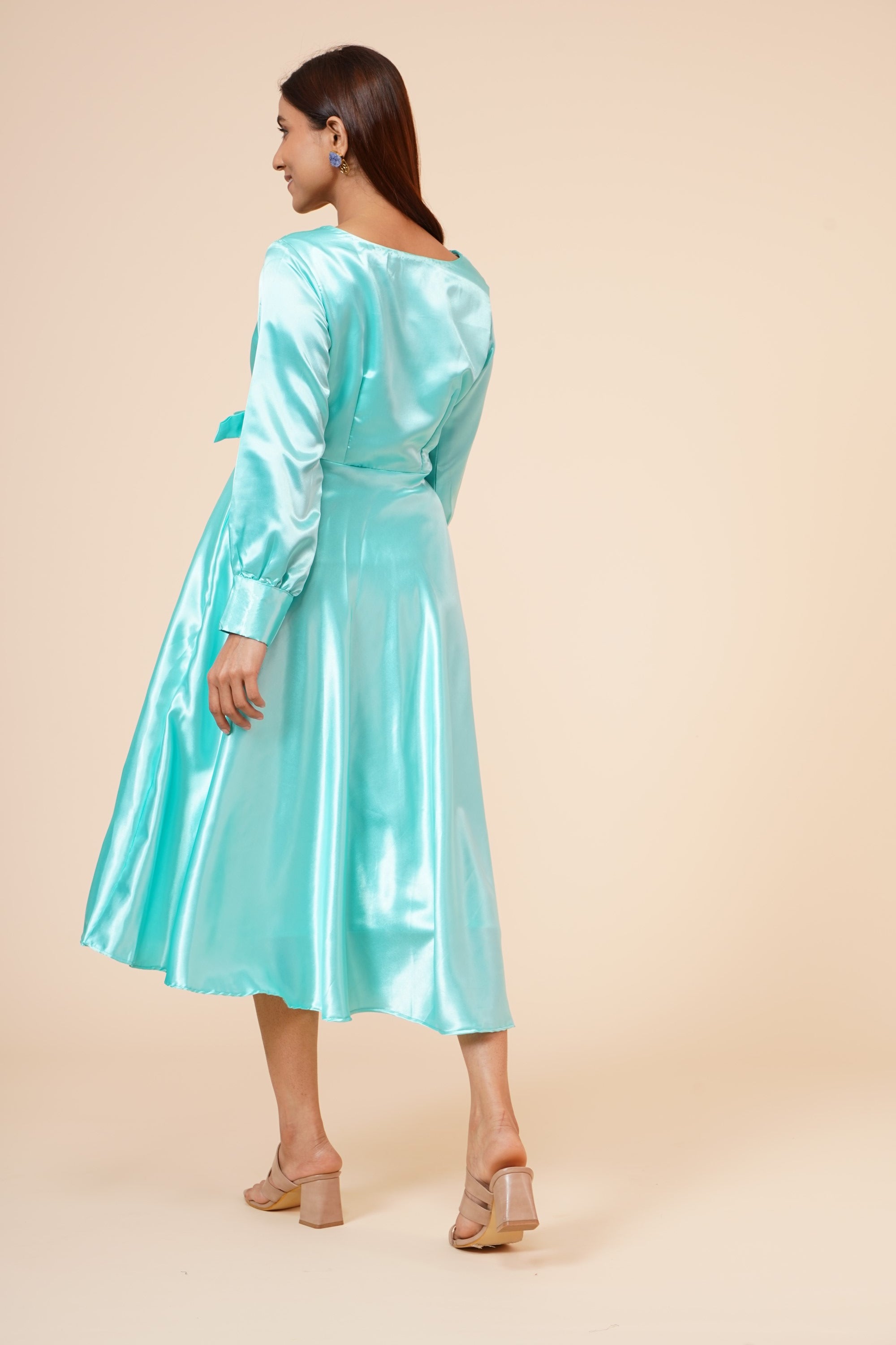 Women's Empire Line With Cuff Satin Wrap Dress Sky Blue - MIRACOLOS by Ruchi