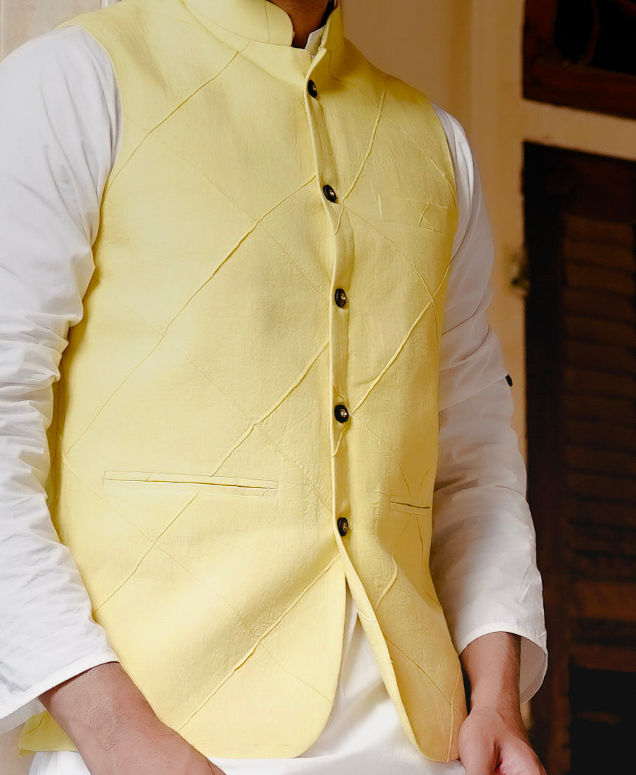 Men's Pure Linen Yellow Pintuck Jacket - Hatheli