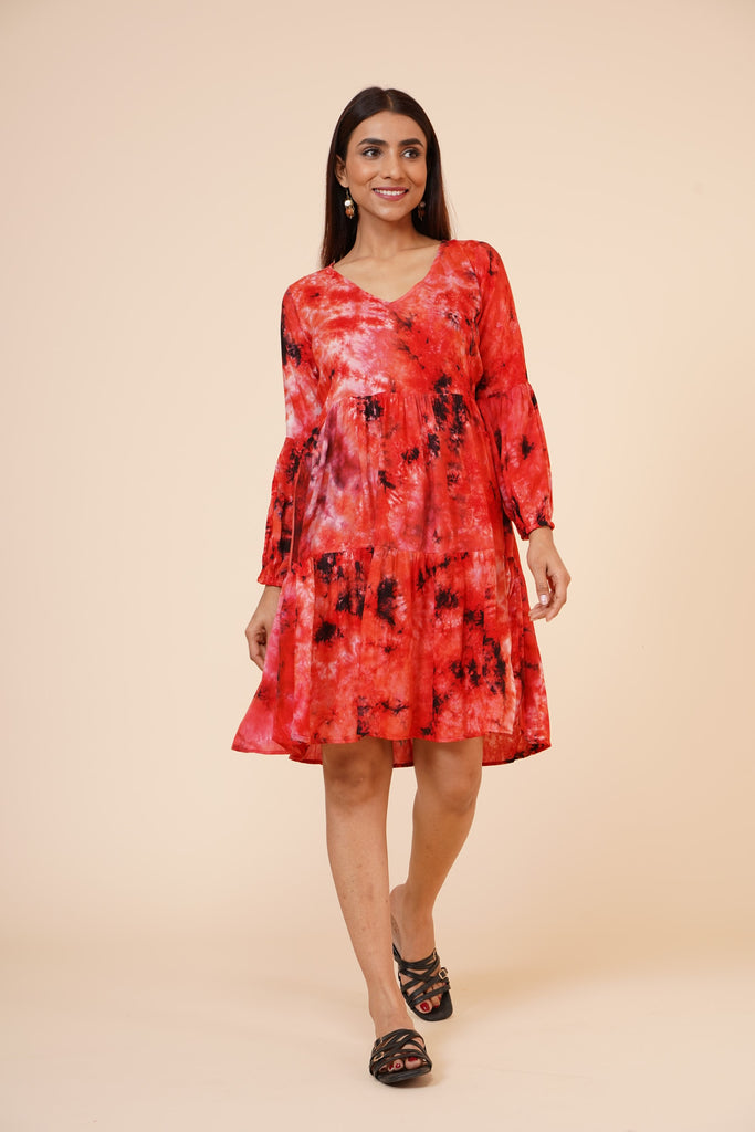 Women's Indian Tie N Dye Kurti With Balloon Sleeves In Red