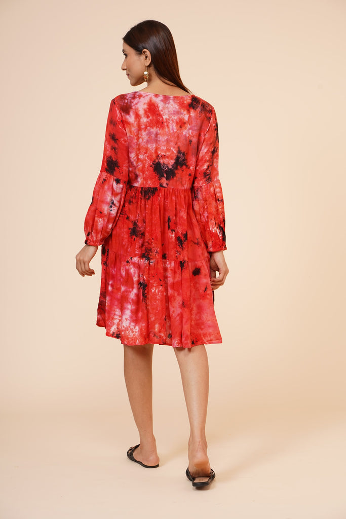 Women's Indian Tie N Dye Kurti With Balloon Sleeves In Red