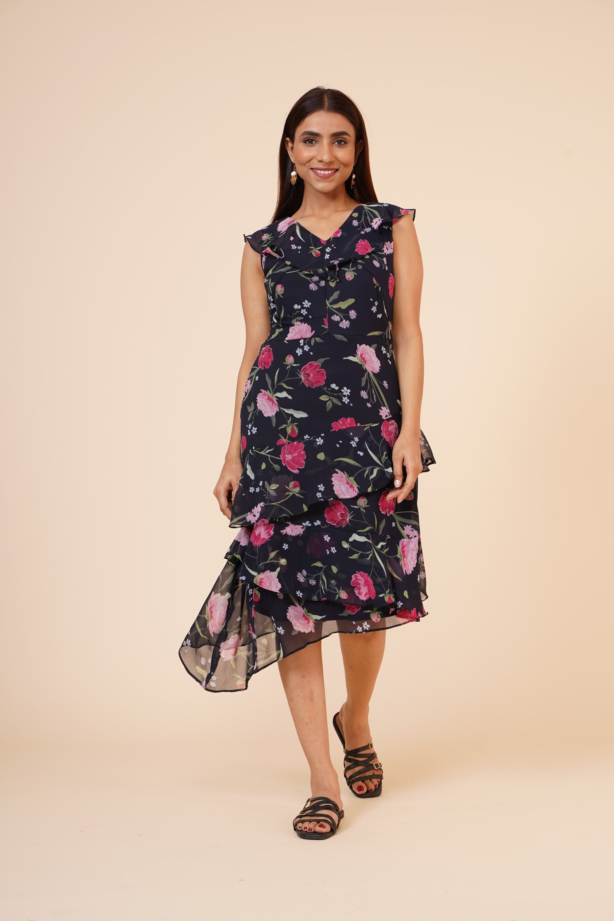 Women's Black Floral Printed Georgette  Ruffle   Dress