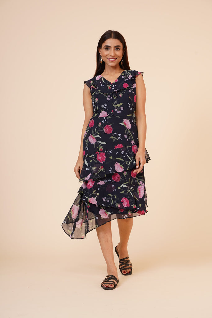 Women's Black Floral Printed Georgette  Ruffle   Dress