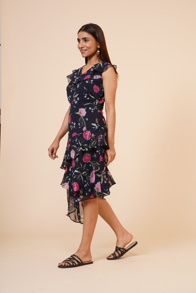 Women's Black Floral Printed Georgette  Ruffle   Dress