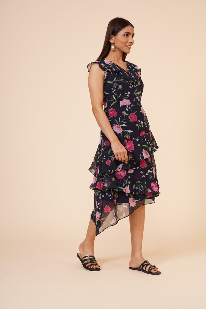 Women's Black Floral Printed Georgette  Ruffle   Dress