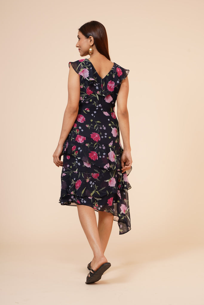 Women's Black Floral Printed Georgette  Ruffle   Dress