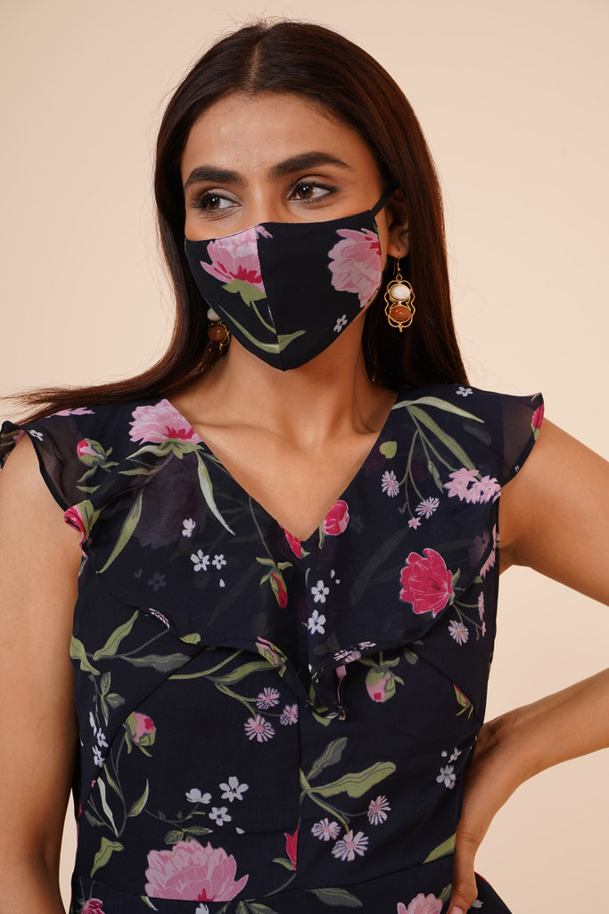 Women's Black Floral Printed Georgette  Ruffle   Dress
