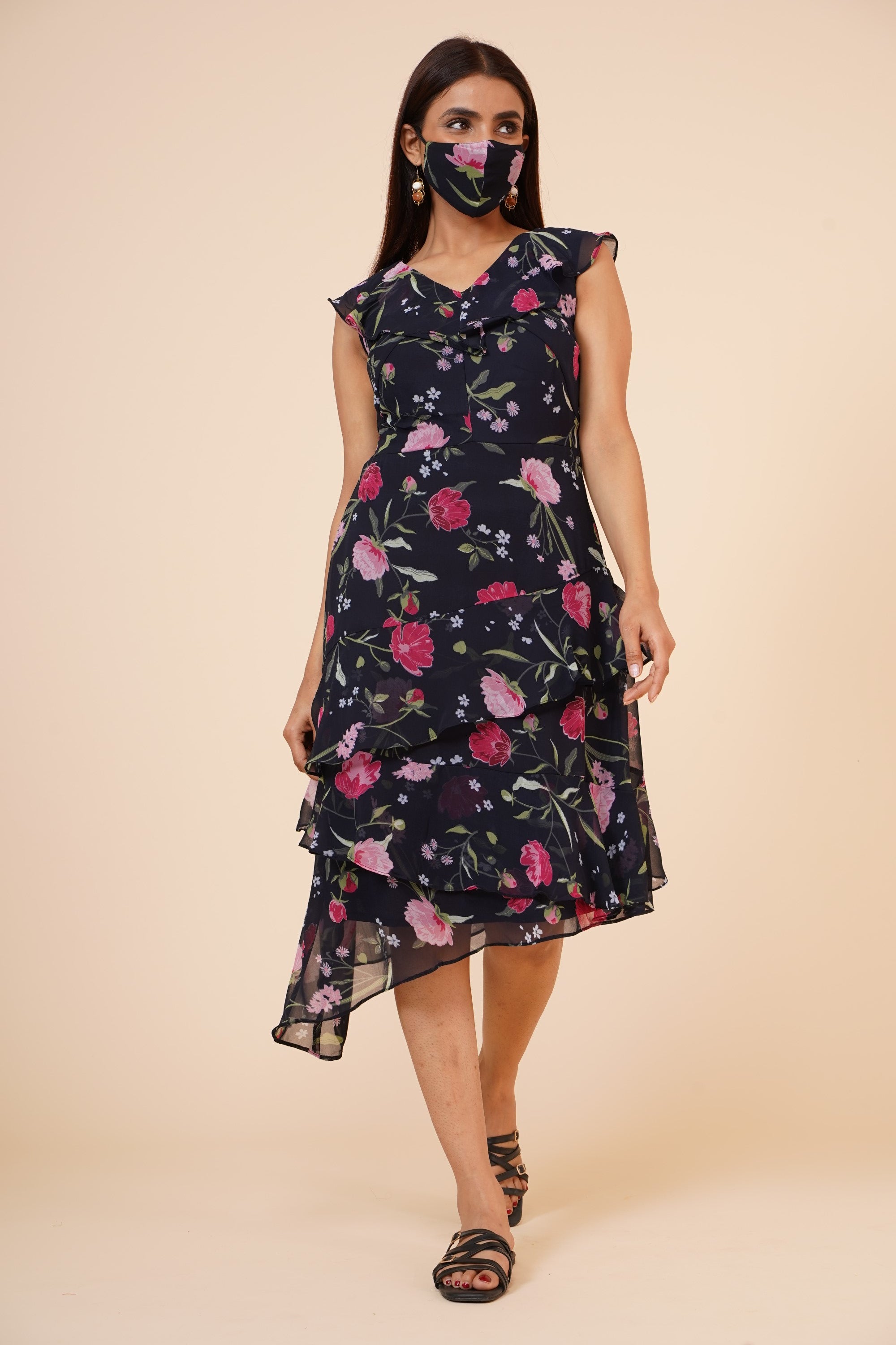 Women's Black Floral Printed Georgette  Ruffle   Dress - MIRACOLOS by Ruchi
