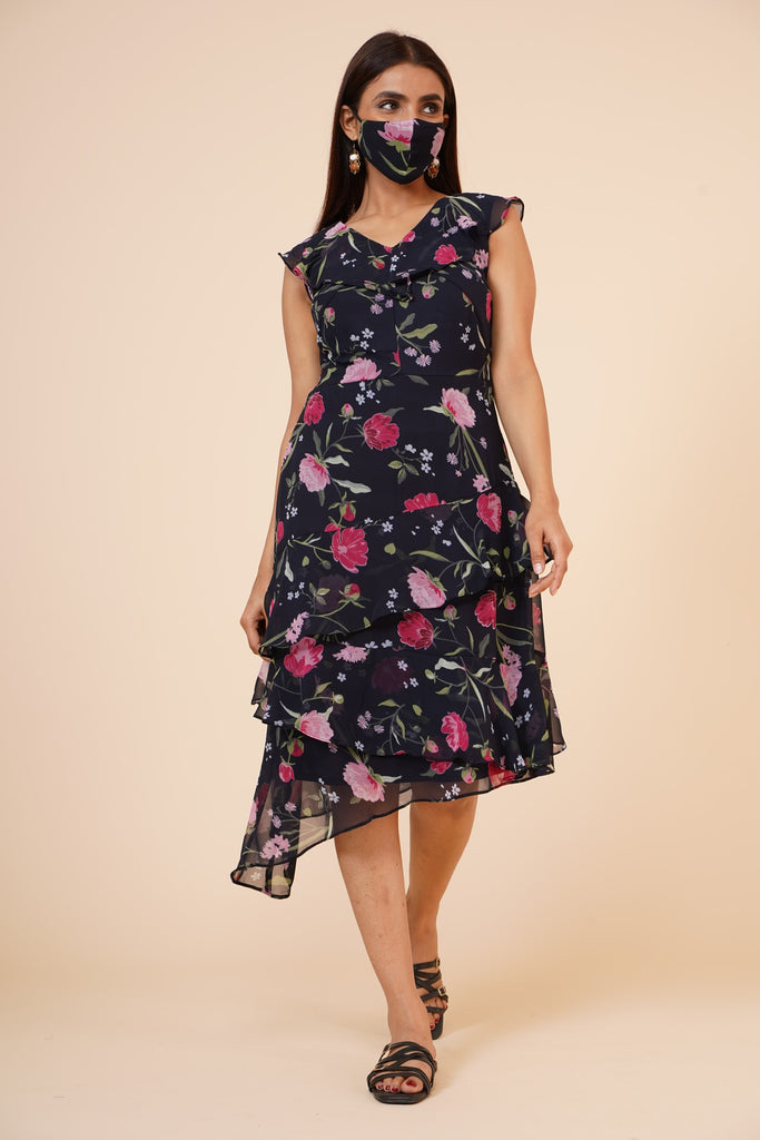 Women's Black Floral Printed Georgette  Ruffle   Dress