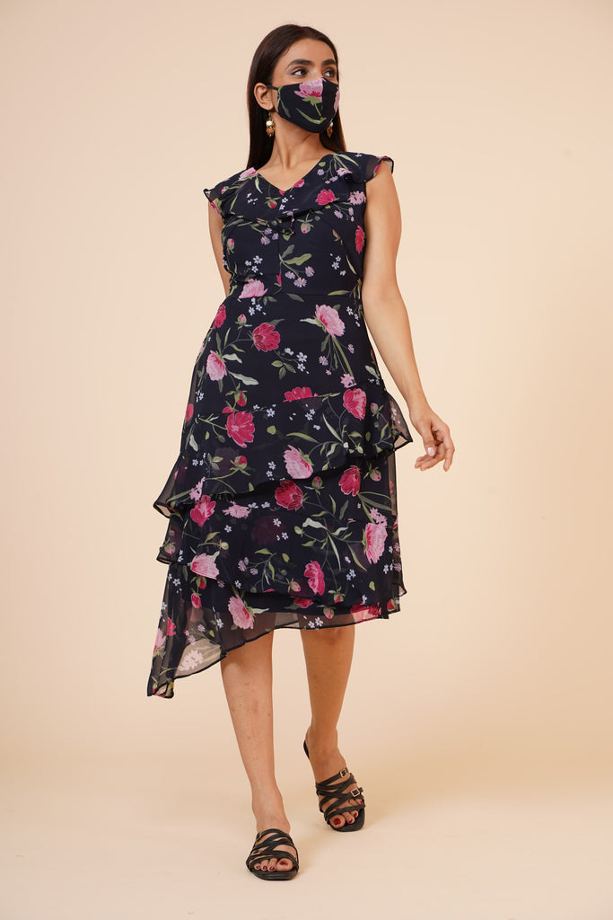 Women's Black Floral Printed Georgette  Ruffle   Dress