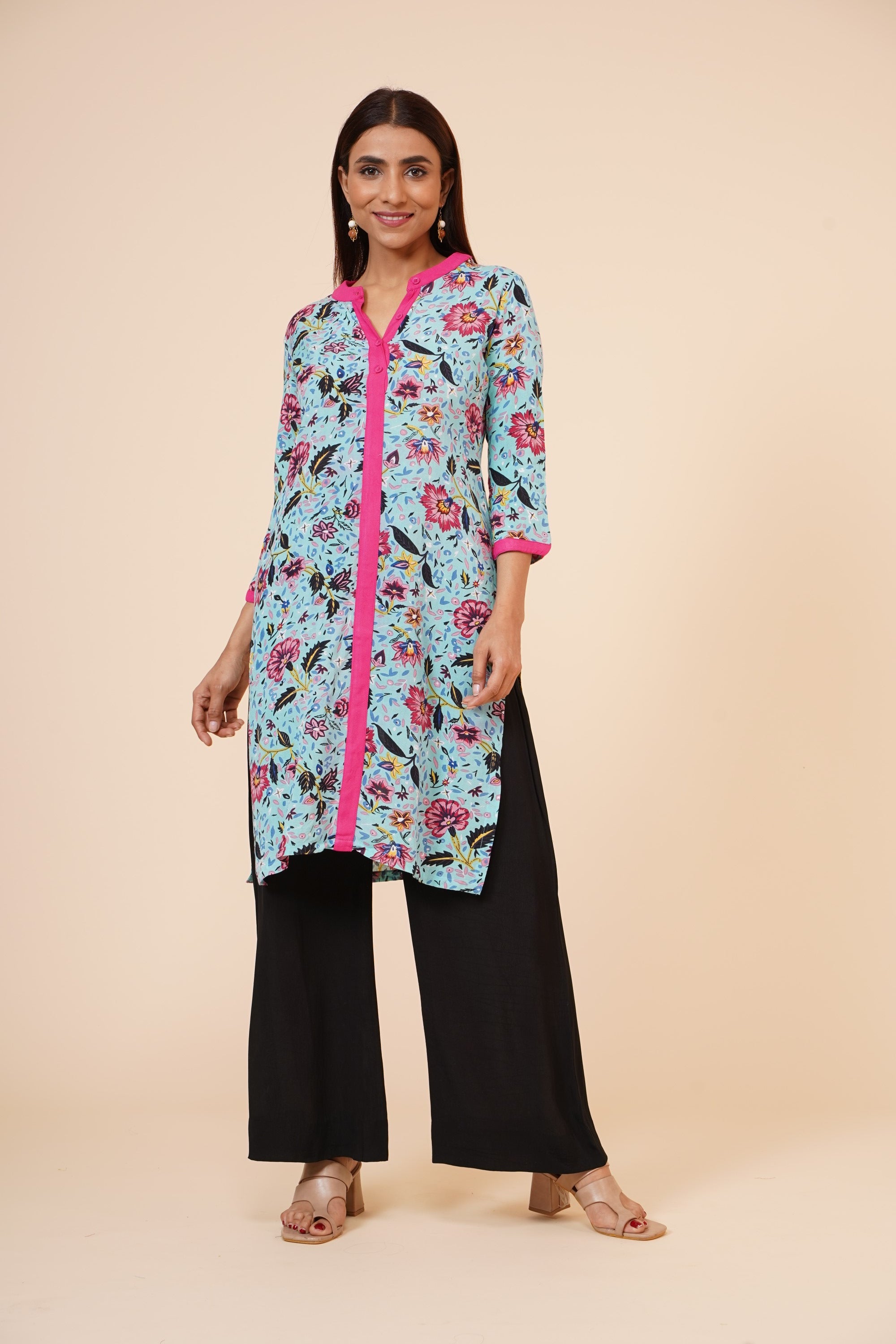Women's Indian Kurti With Buttoned Placket And Round Mandarin  Collar - MIRACOLOS by Ruchi