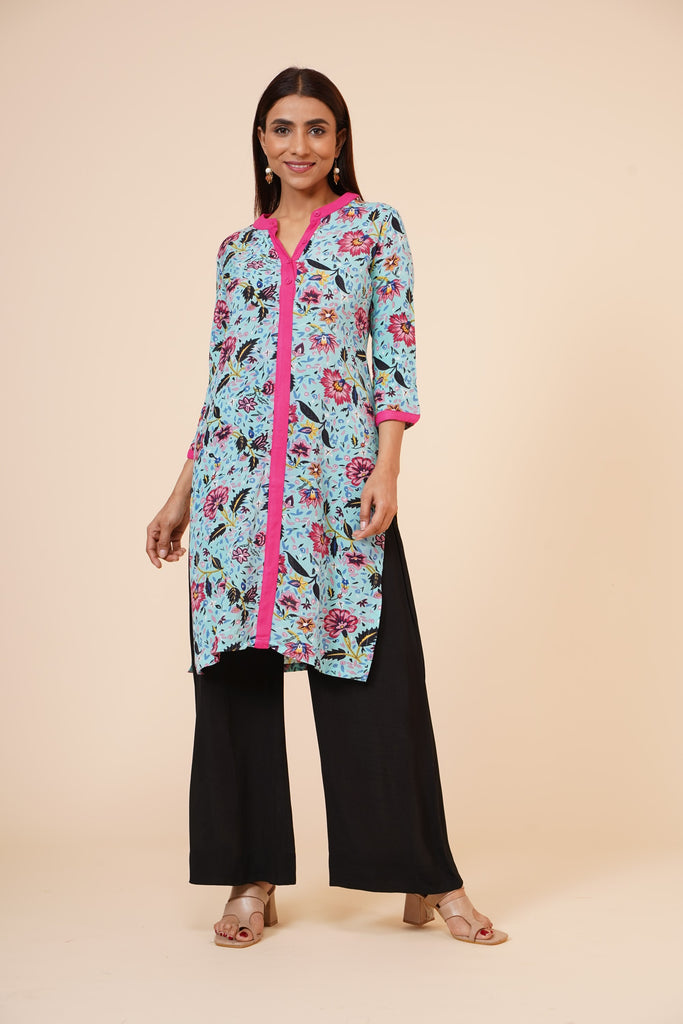 Women's Indian Kurti With Buttoned Placket And Round Mandarin  Collar