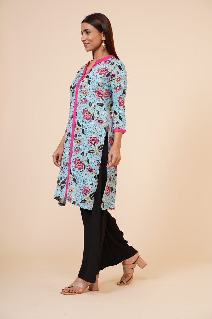 Women's Indian Kurti With Buttoned Placket And Round Mandarin  Collar