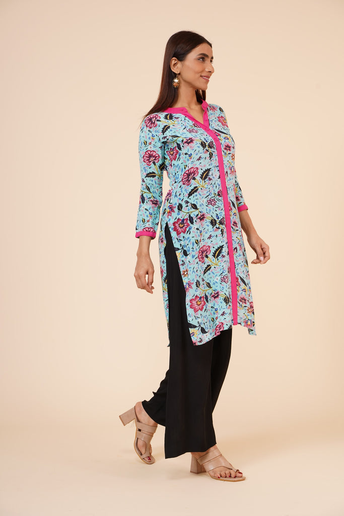 Women's Indian Kurti With Buttoned Placket And Round Mandarin  Collar