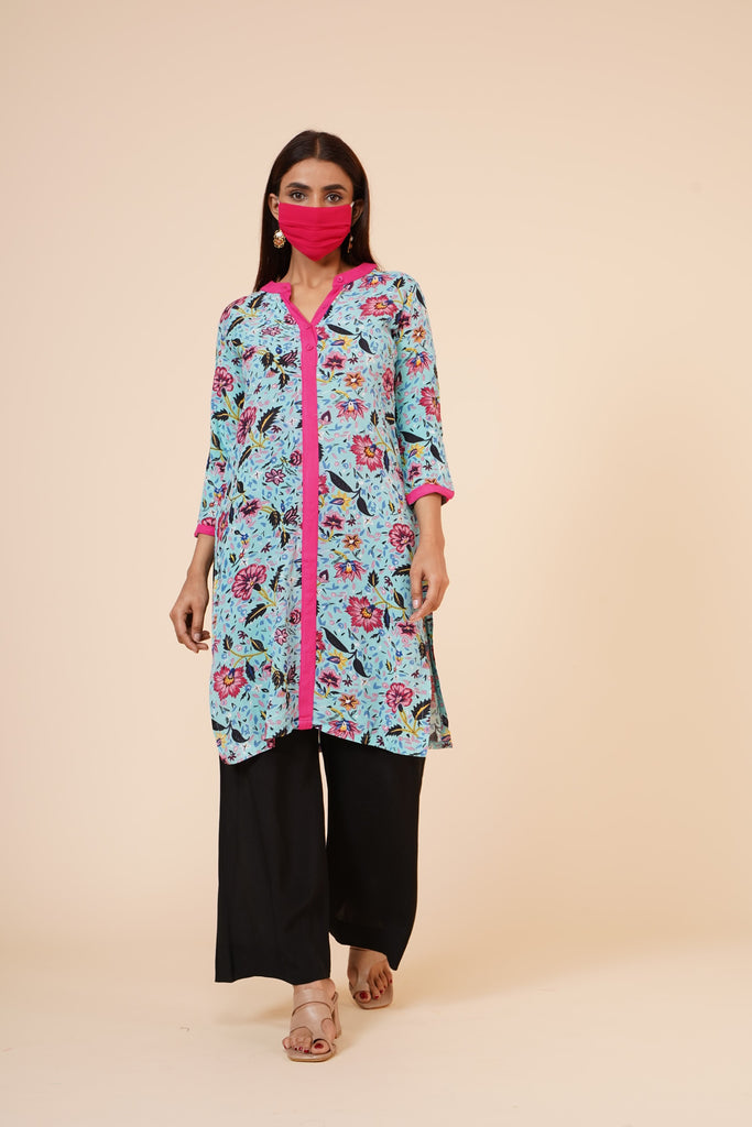 Women's Indian Kurti With Buttoned Placket And Round Mandarin  Collar