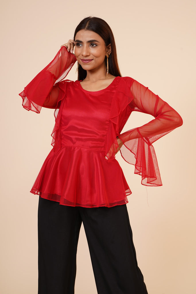 Women's Net Party Long Ruffle Sleeves Top In Red