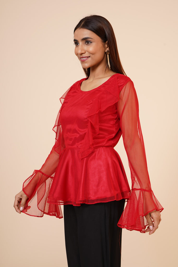 Women's Net Party Long Ruffle Sleeves Top In Red