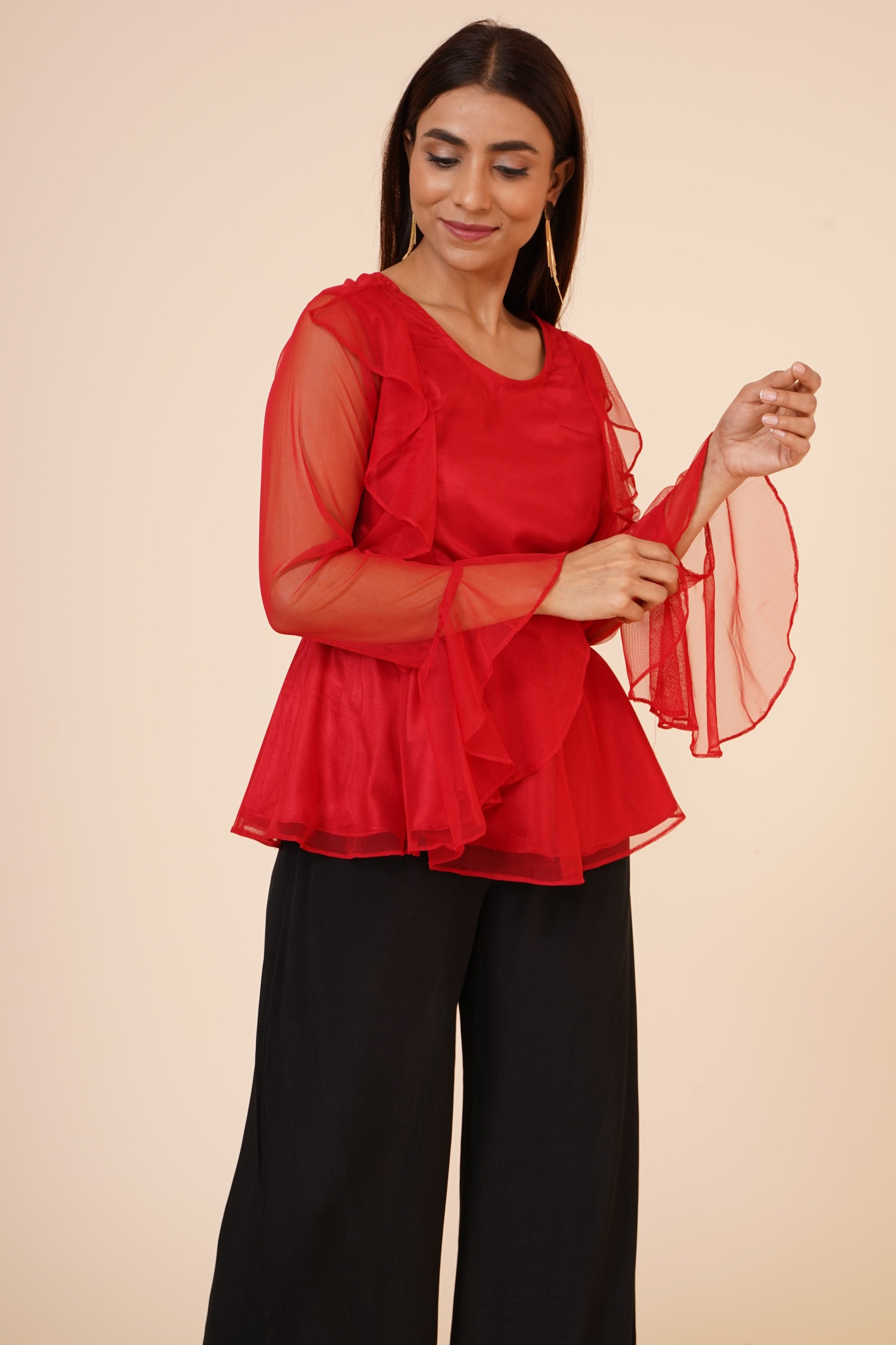 Women's Net Party Long Ruffle Sleeves Top In Red - MIRACOLOS by Ruchi