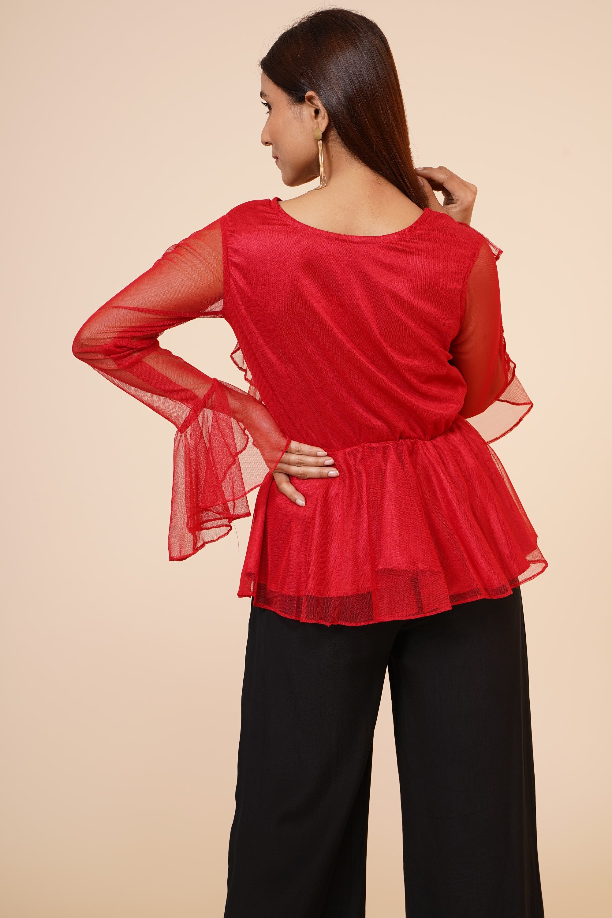 Women's Net Party Long Ruffle Sleeves Top In Red - MIRACOLOS by Ruchi