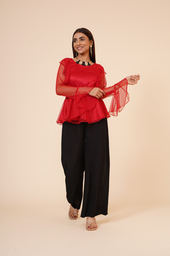 Women's Net Party Long Ruffle Sleeves Top In Red