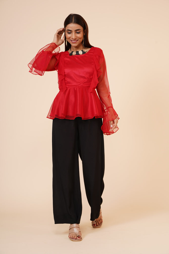Women's Net Party Long Ruffle Sleeves Top In Red