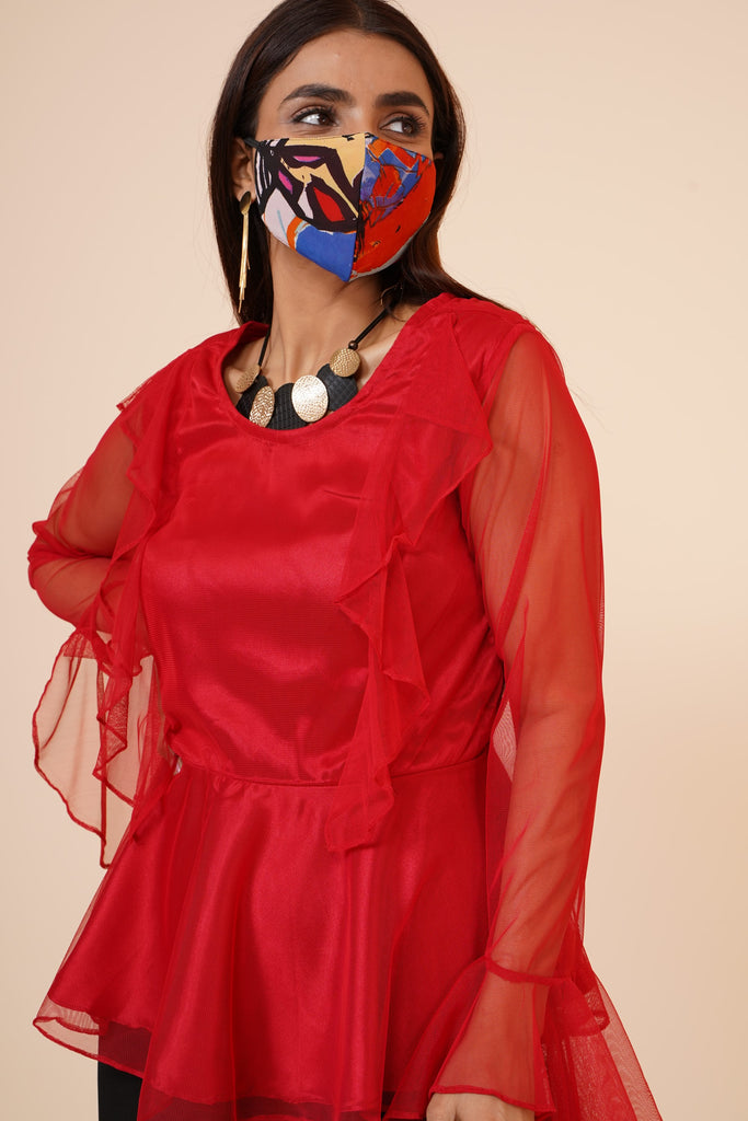 Women's Net Party Long Ruffle Sleeves Top In Red