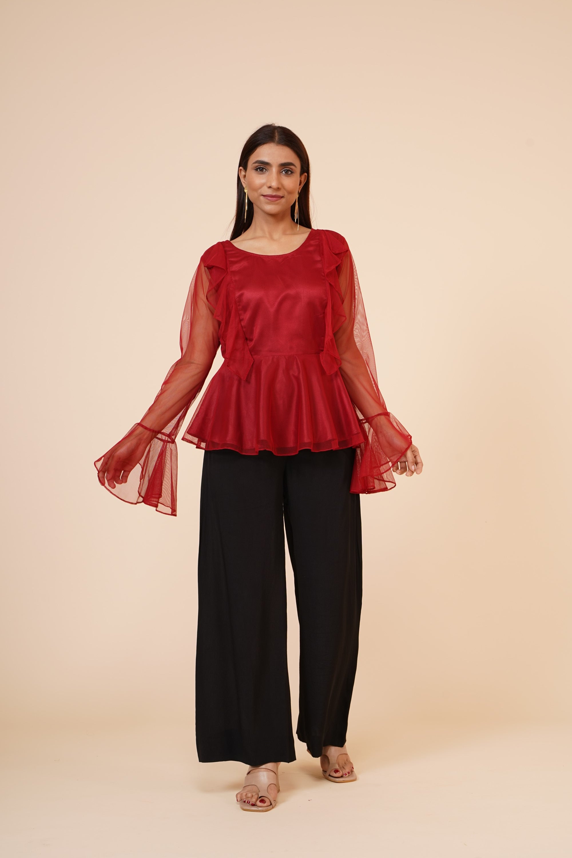 Women's Net Party Long Ruffle Sleeves Top In Maroon - MIRACOLOS by Ruchi