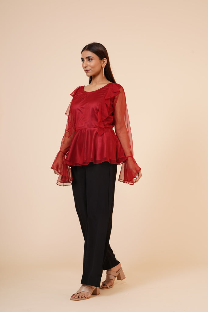 Women's Net Party Long Ruffle Sleeves Top In Maroon