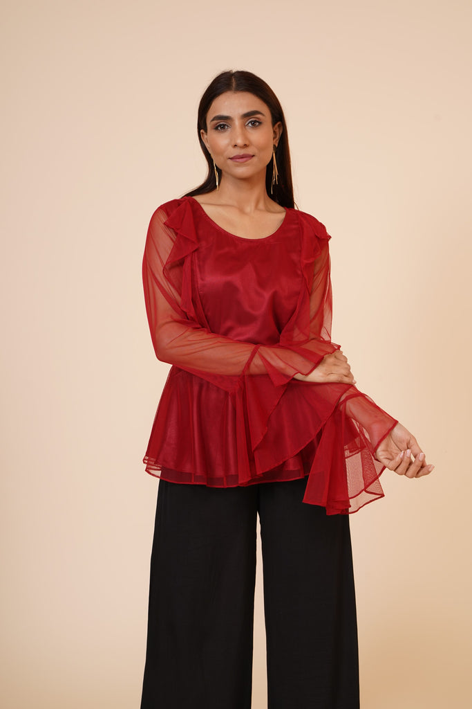 Women's Net Party Long Ruffle Sleeves Top In Maroon