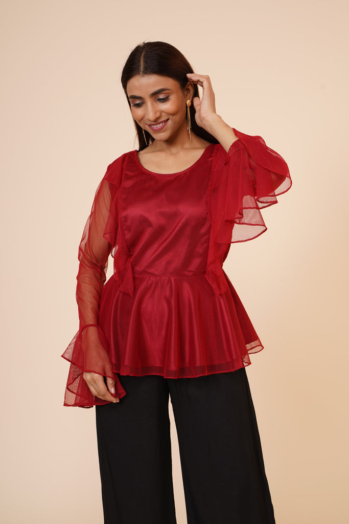 Women's Net Party Long Ruffle Sleeves Top In Maroon